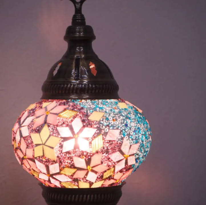 Japanese style cherry blossom themed Turkish lamp in pink and blue