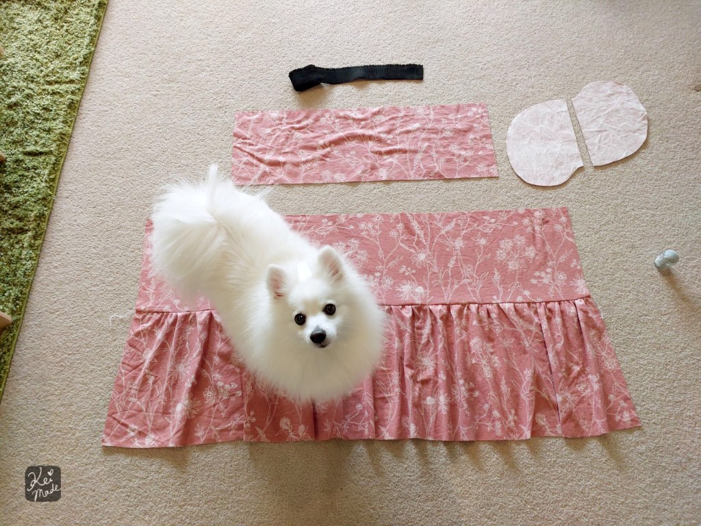 Japanese Spitz dog helping to sew a tiered skirt
