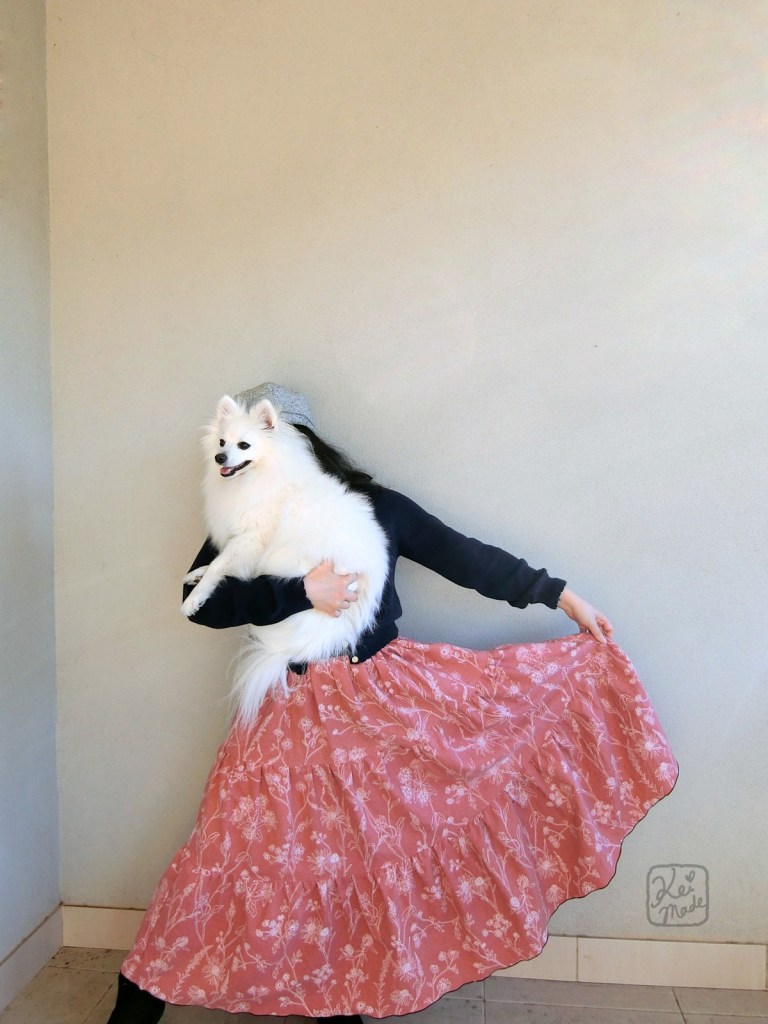 Tiered maxi skirt upcycled from bed sheets by KeiMade and Japanese Spitz dog