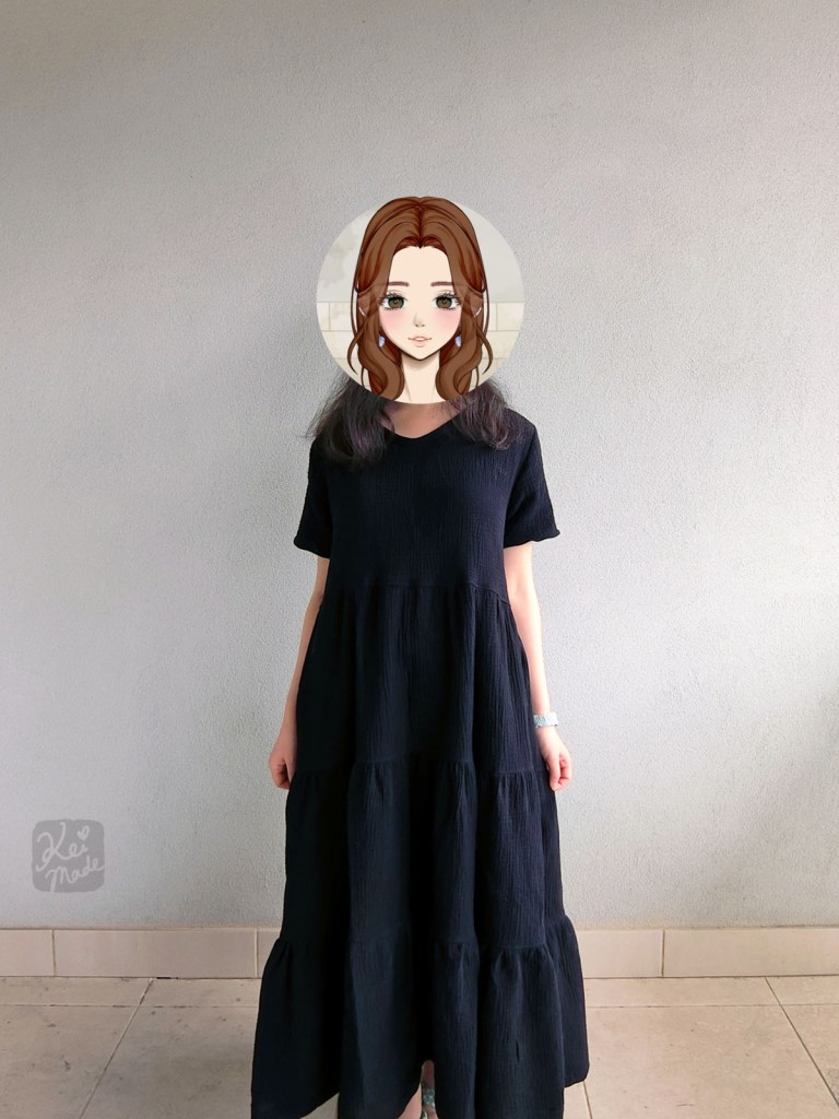 DIY tiered maxi dress being worn in relaxed position