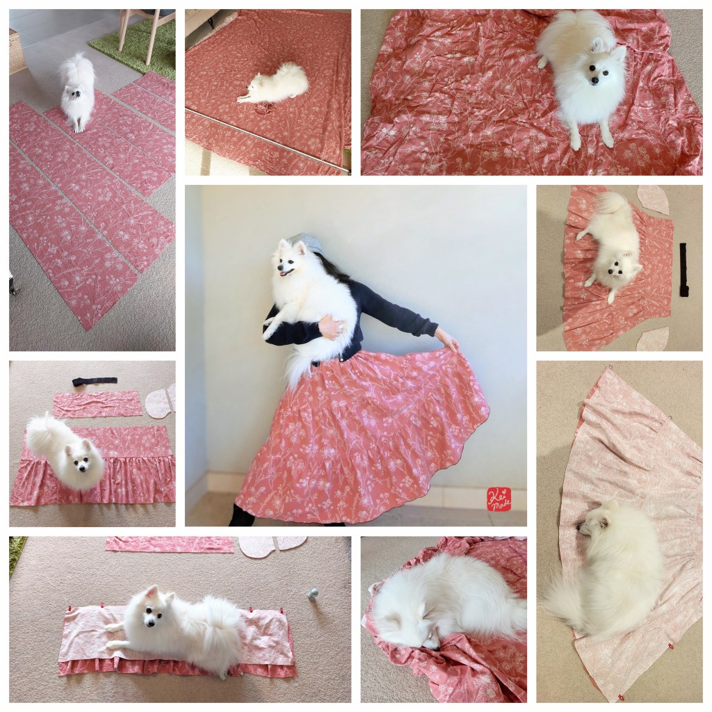 Japanese Spitz Dog helping KeiMade make a tiered skirt from a bedsheet