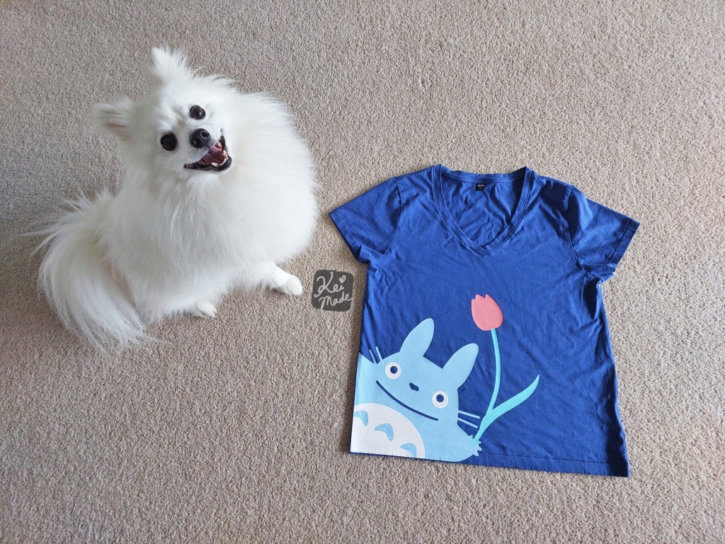 Japanese Spitz dog happy with Cricut Maker 3 made Siser EasyWeed Totoro T-shirt