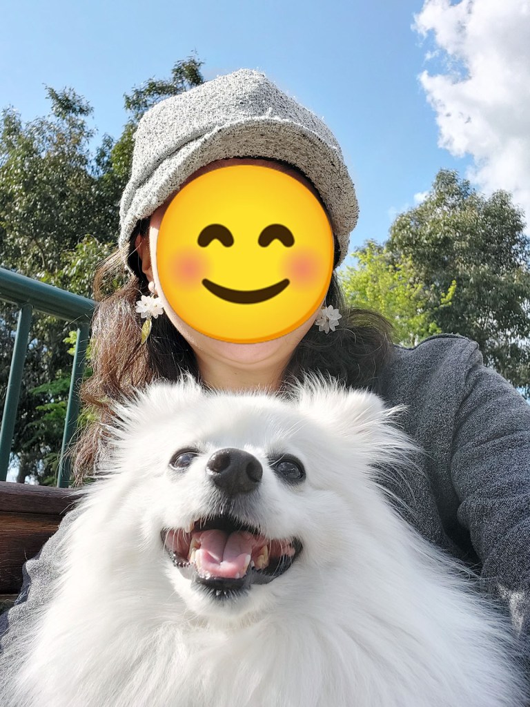 A date with my Japanese Spitz boy wearing KeiMade white flower drop earrings