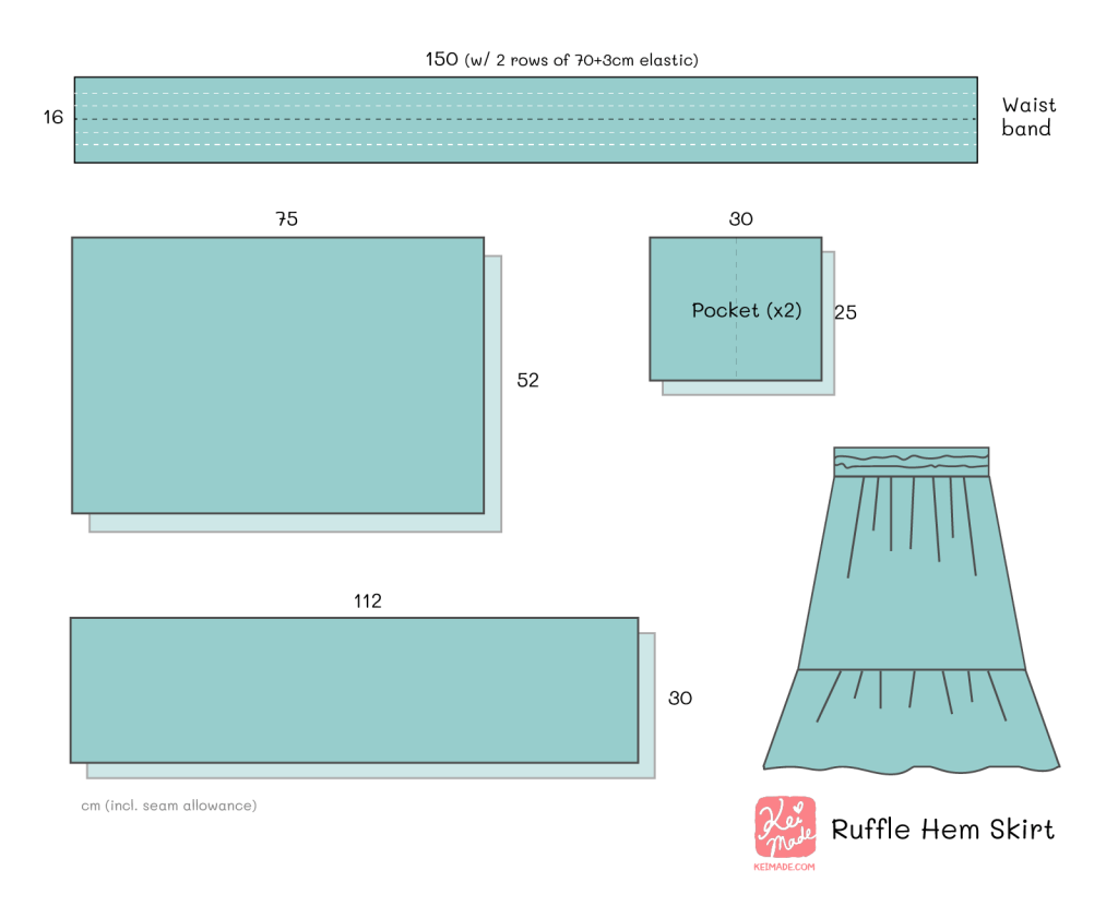 Sewing pattern for gathered ruffle hem skirt