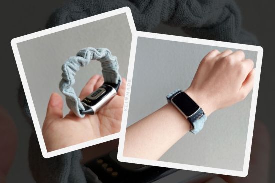 A sage scrunchie watch band handmade for fitbit